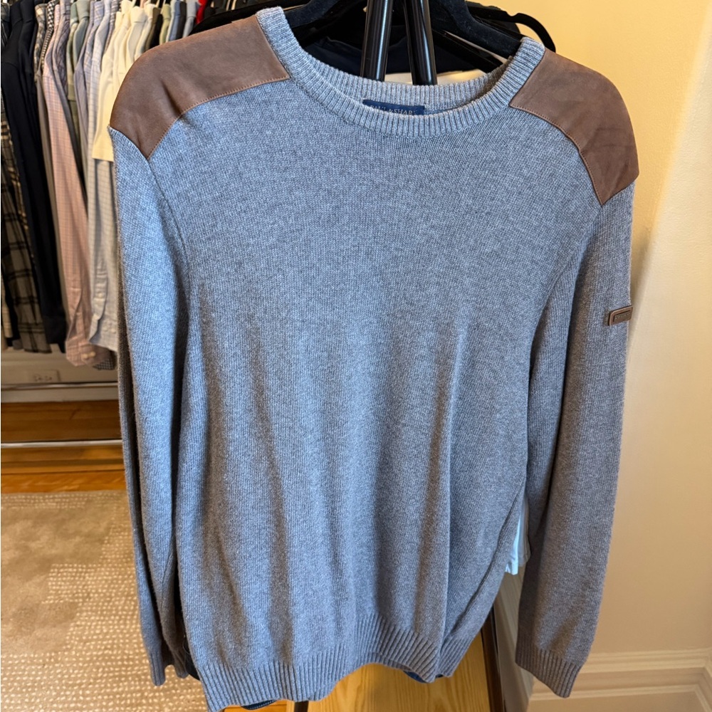 Paul & Shark Gray Crewneck Sweater with Brown Shoulder Patches